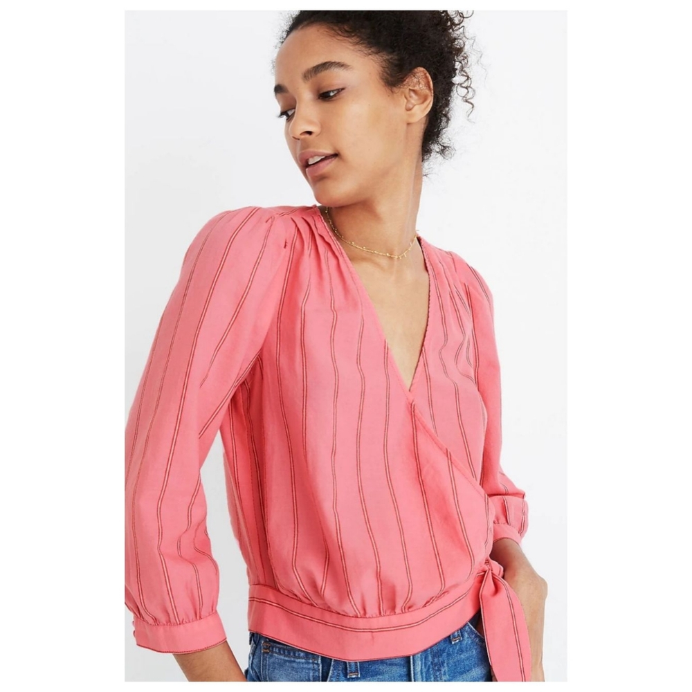 madewell watermelon pink cecilia stripe vneck button sleeve wrap front tie top